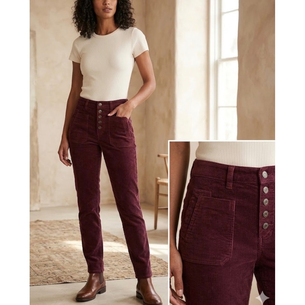 American Eagle Hi-Rise Jegging‎ Corduroy Pants Burgundy Button Fly Womens 10